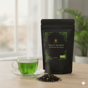 Kangra Brew Valley Bloom tea pouch, light green tea, pure Himalayan floral infusion, organic green tea leaves