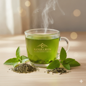 Steaming Kangra Brew Tulsi Green Tea in a clear glass cup, surrounded by fresh tulsi leaves and loose green tea leaves on a light wooden surface. Features the gold Kangra Brew logo and soft natural lighting with a bokeh background