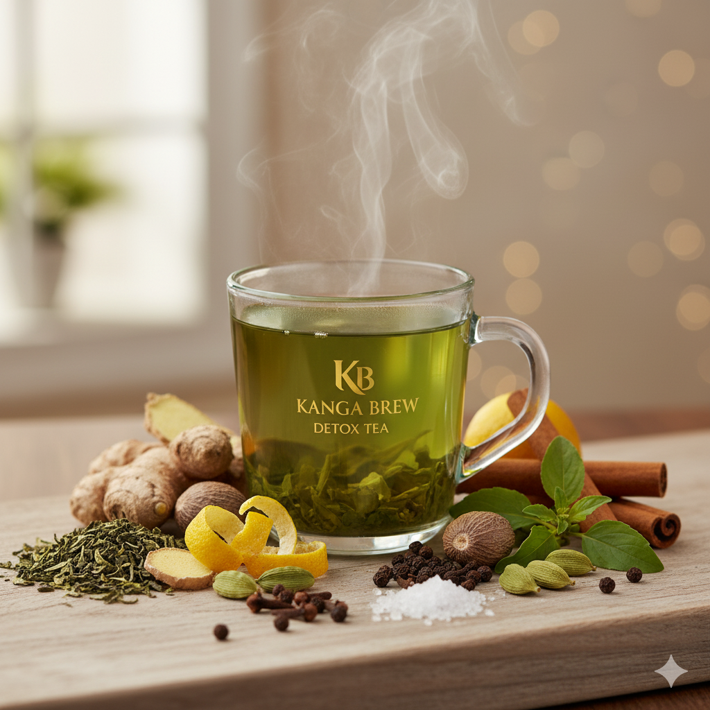 Steaming Kangra Brew Detox Tea in a clear glass cup on a wooden board. It's surrounded by ginger, cinnamon, nutmeg, cloves, black pepper, cardamom, lemon peel, tulsi, rock salt, and green tea leaves, with the gold Kangra Brew logo and soft window lighting