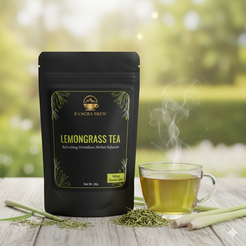 Kangra Brew Lemongrass Tea in a matte black pouch with a green and gold label. Fresh and dried lemongrass, along with a steaming cup of golden herbal tea, are arranged on a wooden table in a natural, bright setting.