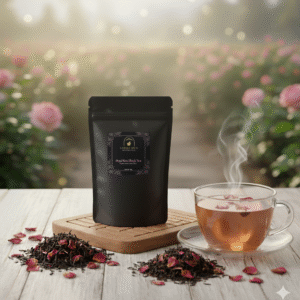 Kangra Brew Petal Kiss Black Tea in a glass jar and kraft pouch with black floral labels, surrounded by loose rose black tea leaves and scattered petals. A steaming cup of rose-gold tea sits beside them on a wooden table in a sunny rose garden, showcasing luxury and wellness.