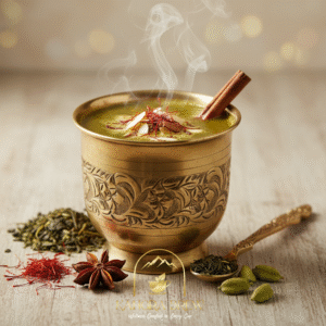 Steaming Kangra Brew Kashmiri Kahwa in an ornate brass cup, garnished with saffron, almonds, and a cinnamon stick. Green tea leaves, star anise, cardamom, and saffron strands surround the cup on a rustic wooden surface, with a bokeh background and the gold Kangra Brew logo.